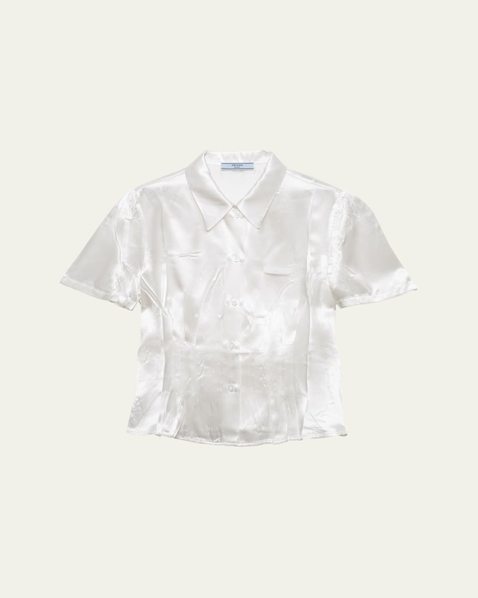 Short-Sleeve Satin Button Down Blouse